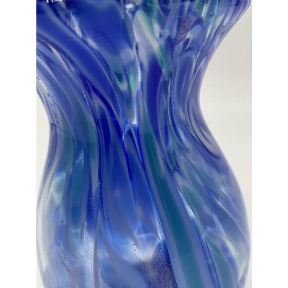 Hand Blown Art Glass Blue Swirl Clear Footed Vase 5.5” Tall - Picture 2 of 5